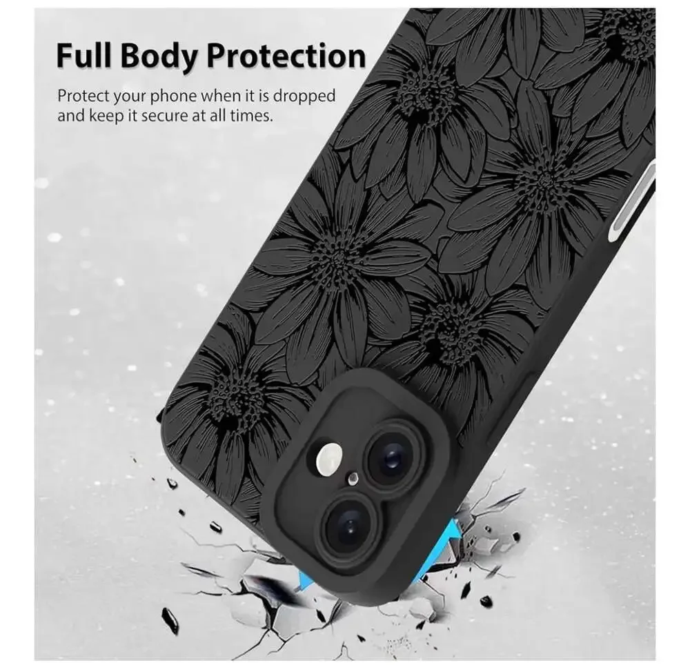 MZELQ Matte Black Silicone Case with Pressed Sunflower Floral Pattern for iPhone